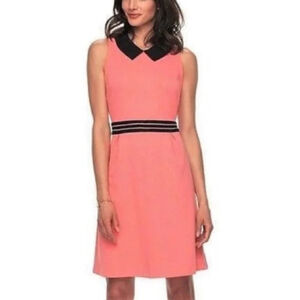 ELLE Fit & Flare Dress Small Tea-Rose Coral Pleated Skirt Contrast Collar